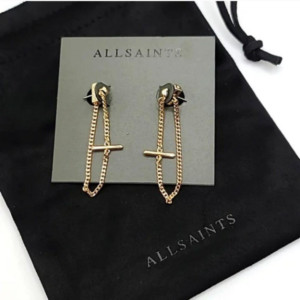 AllSaints Gold Bar Chain Front to Back Earrings